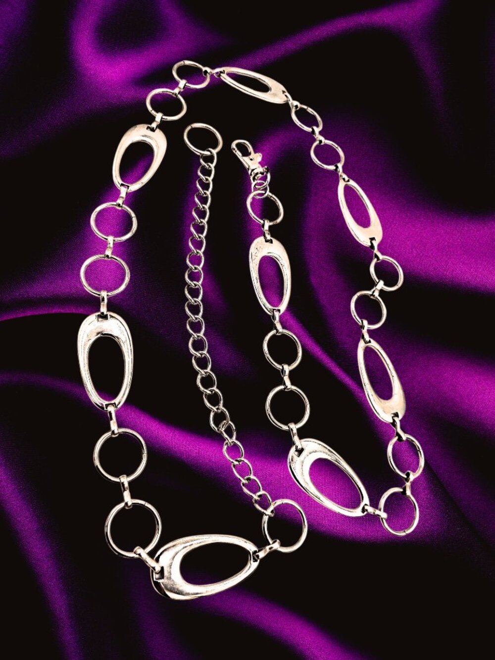Silver Tone Adjustable Chain Belt Open Oval Link Waist Hip Belt